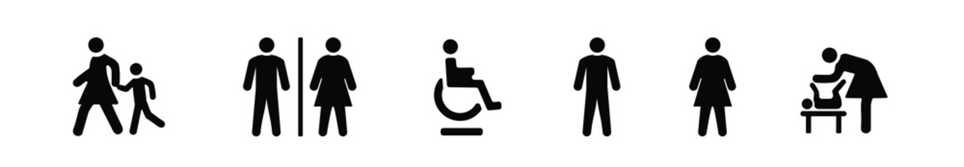 WC Sign collection. Toilet icon on white background. Black pictogram with toilet and bathroom. Toilet for men, women, children and special needs