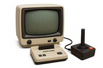 Old video game console with joystick and monitor displaying playing screen on transparent background