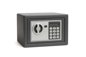 Small grey metal safe with electronic lock on transparent background