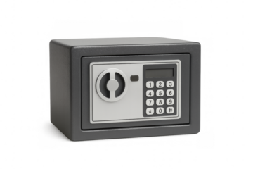 Small grey metal safe with electronic lock on transparent background