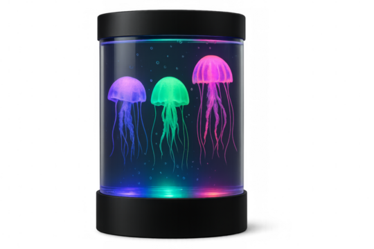 Colorful jellyfish swimming in a modern illuminated tank with transparent background