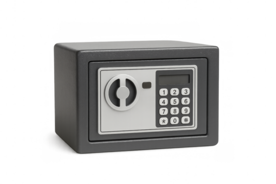 Small grey metal safe with electronic lock on transparent background