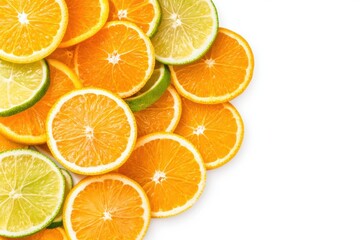 Fresh slices of orange and lime arranged closely together on a white background.