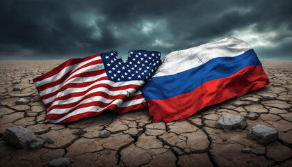 Torn american and russian flags on cracked earth