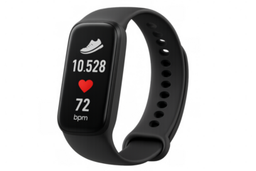 Black fitness tracker displaying steps, heart rate, and bpm on transparent background