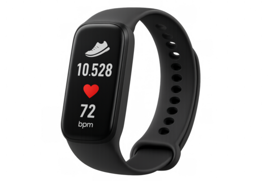 Black fitness tracker displaying steps, heart rate, and bpm on transparent background