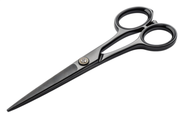 Sleek black barber scissors isolated on black background for hair styling and beauty