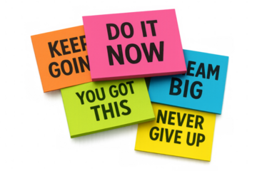 Sticky notes with motivational messages on transparent background