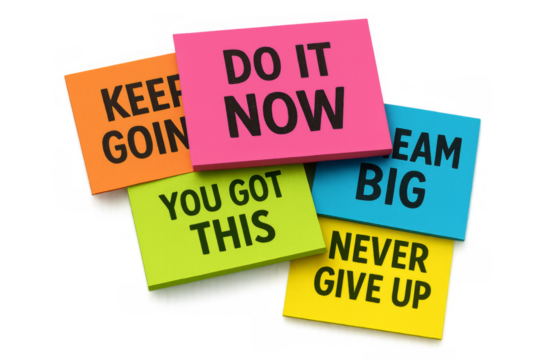 Sticky notes with motivational messages on transparent background