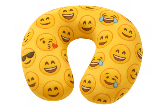 Yellow travel neck pillow featuring emojis with transparent background