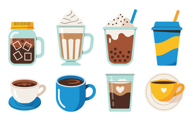 Ultimate Coffee Drink Collection: Hot & Cold Brews in Cups, Mugs, and Glasses – Vector Illustration