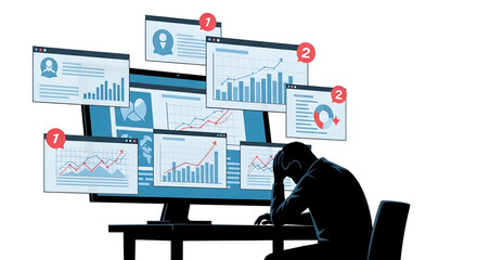 Stress from information overload. The silhouette of a tired employee in front of a screen with lots of windows, graphs, and notifications. The concept of chronic fatigue and data burnout.