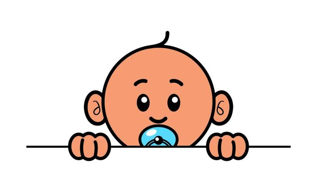 Cute baby boy peeking over edge with pacifier, vector cartoon motion graphic