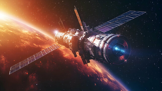 Futuristic space station orbiting mars with solar panels and glowing lens - Powered by Adobe