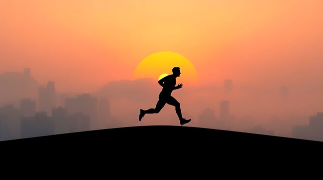 Silhouette of runner at sunset over city