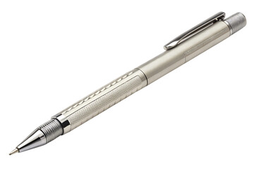 Naklejka premium Elegant silver ballpoint pen isolated on a black background with detailed texturing