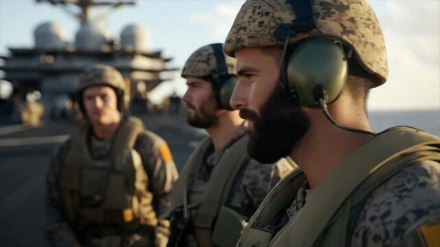 Soldiers preparing for naval operations during sunset on a military ship in the ocean