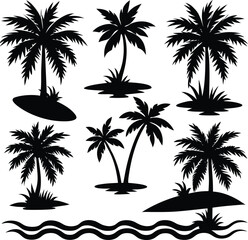 collection of tropical palm tree silhouette vector illustrations with island and wave elements, perfect for beach, travel, summer, or nature design