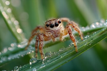 Fototapeta premium Macro photo of a jumping spider on a green leaf, surrounded by morning dew drops. Sharp details of its hairy legs and big eyes under soft sunlight.