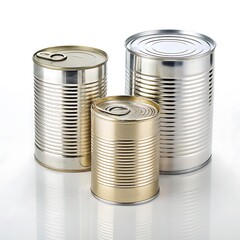 Three metal food cans different sizes isolated on white background