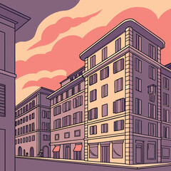 Naklejka premium Illustration of a european street with buildings and pink clouds in the sky at sunset time scene