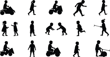 Dynamic set of baby and infant silhouettes in various adorable poses, perfect for parenting, childcare, and early childhood development designs, symbolizing innocence and growth.