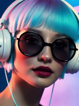 Video Stylish young woman with vibrant blue bob haircut, wearing large sunglasses and headphones, enjoying music in neon lighting.