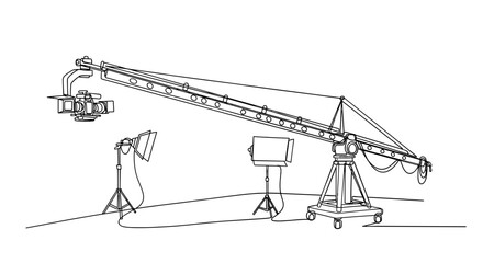 Studio Jib Crane Setup: One-line drawing of a studio jib crane with camera, lights and reflectors, ready for a film shoot.