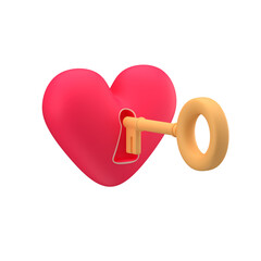 Heart and key over white background. The Valentine's Day concept is about unlocking the heart with a key, 3d render