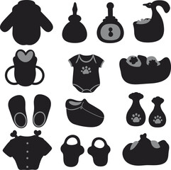 Essential baby care item silhouettes, including clothing, bottles, and accessories, perfect for nursery, parenting, and newborn product designs, offering a charming touch.