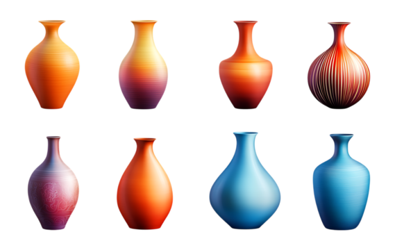 Collection of Eight Unique Vases Diverse Colors and Designs On Transparent Background