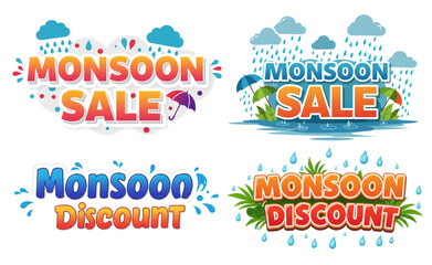Vibrant Monsoon Sale and Discount Badges perfect for Branding Marketing and Advertising campaigns featuring colorful typography rain and umbrellas