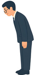 An illustrated male teacher in a navy suit is bowing respectfully, following traditional Japanese etiquette.