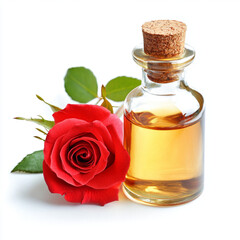 Closeup liquid of Rose Extract and Rose Oil with white background