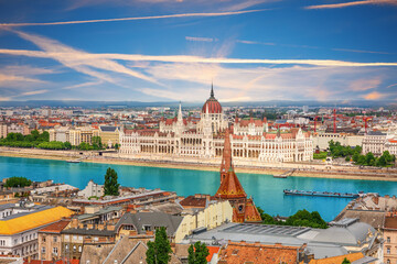 Budapest skyline with Hungarian Parliament and Calvinist church on the Danube