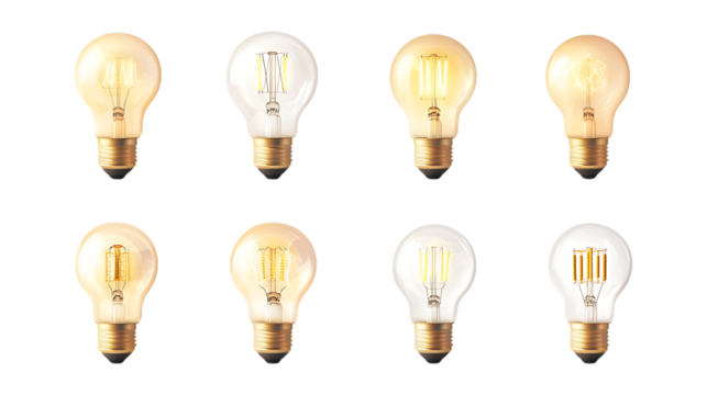 Brilliant Ideas A Collection of Illuminated Light Bulbs On Transparent Background