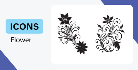 Elegant Floral Design Icons Two Black Flower Arrangements with Swirling Leaves and Petals on a White Presentation Board