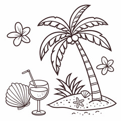 summer doodle icon set, . Hawaii beach holiday rest, palm tree,  vertor