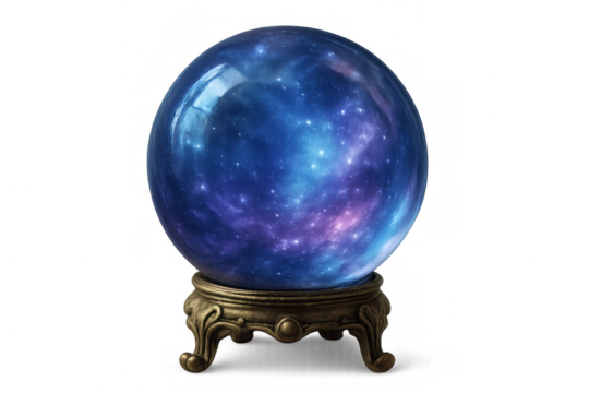 Crystal ball showing a blue and purple galaxy inside, placed on an elegant support, with transparent background