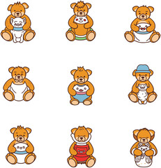 Obraz premium Adorable vector illustration set of cute cartoon bears in various poses and interactions, ideal for children's designs, playful themes, and greeting cards.
