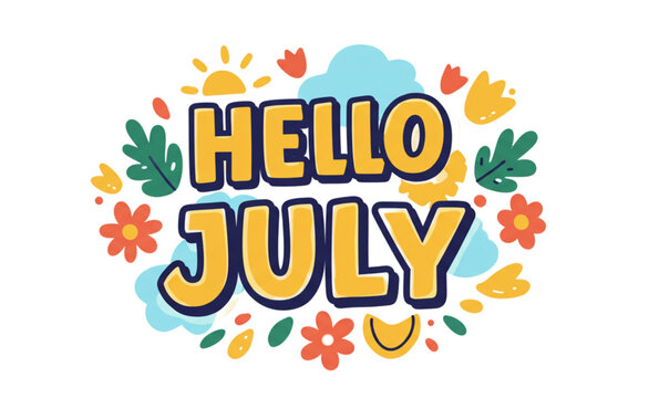 Summery Hello July design with floral elements perfect for branding projects, social media posts, or greeting cards featuring hand-drawn style typography and cheerful colors.