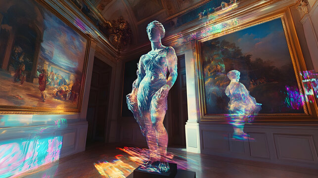 Marble statue in art gallery with rainbow light reflections and painted portraits