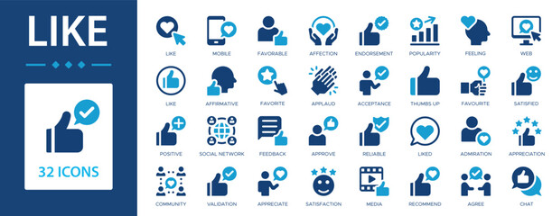 Like flat icons collection. positive, validation, feedback, approve, reliable, liked, recommend, favorable, affection sign set.