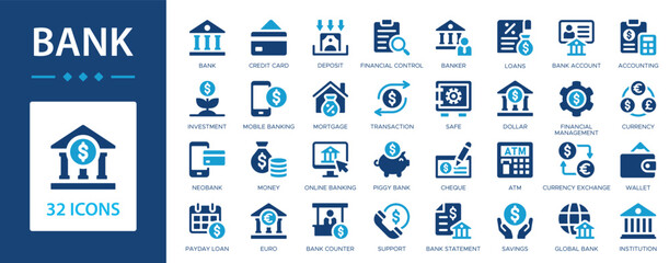 Bank flat icons collection. Credit card, wallet, deposit, safe, money, online banking, investment, ATM, loans sign set.