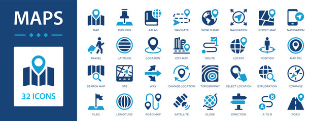 Maps flat icons collection. Location, atlas, travel, navigate, map pin, road, globe, way, GPS, satellite, compass sign set.