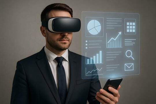 A businessman wearing a virtual reality headset examines financial data projected before him, showcasing the innovative use of VR technology in modern business analysis.