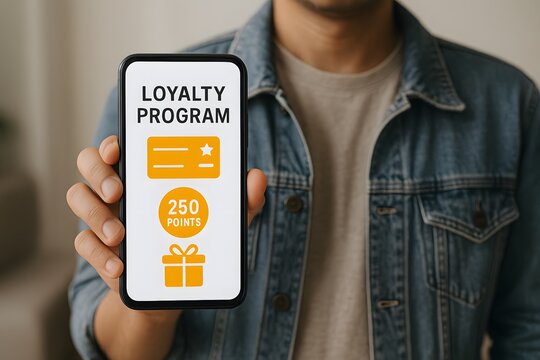 A person holds a smartphone displaying a loyalty program with points and a gift icon, representing customer reward, benefits, and engagement.
