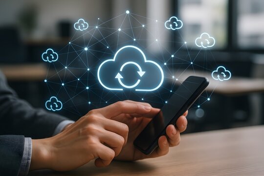 Smart phone user manages and engages with cloud computing network for digital communication and data transfer, visualizing and utilizing the capabilities of a cloud-based system.