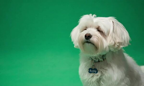 White maltese dog with a name tag on green background