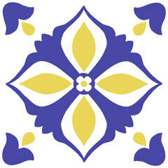 Blue yellow Italian Amalfi glazed ceramic tile pattern, Sicilian vintage hand painted leaf ornament, Mediterranean classic geometric floral decor. Vector hand drawn illustration for summer design.